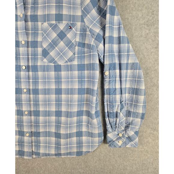 Tommy Hilfiger Shirt Womens Size XL Roll Tab Sleeves Blue Plaid Button Down - Picture 8 of 16